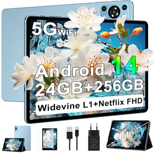ZIOVO Tablet 11 Pulgadas Android 14, 24GB RAM + 256GB ROM (TF 1TB), Octa-Core 2.0GHz, 5G WiF Tablet, Widevine L1/8000mAh/13+5MP/GPS//Soporte Netflix/BT5.0/Cuerpo Metálico, Tableta con Funda - Azul