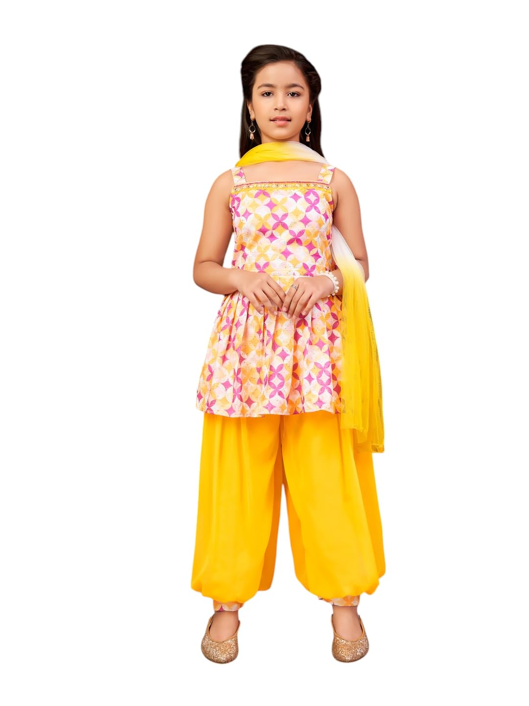 Aarika Girls Ethnic Wear Yellow Colour Beads Embroidery Cotton Blend Kurti Patiala Set With Dupatta-(10-13 Years)-(Pt-Shm-5016-Yellow-38)