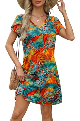 Image of OFEEFAN Womens Summer Dresses 2026 Tulip Petal Short Sleeve V Neck Loose Swing Sundresses with Pockets Plain /Print