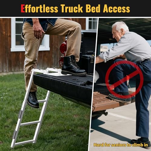 Image of Tailgate Ladder for Pickup Trucks Bed Universal Fit - Rust-Proof Stainless Steel Truck Step Adjustable to 42 inch, Non-Slip Aluminium Steps & Replaceable Rubber Feet, Driving Safety Straps & Bump Pads