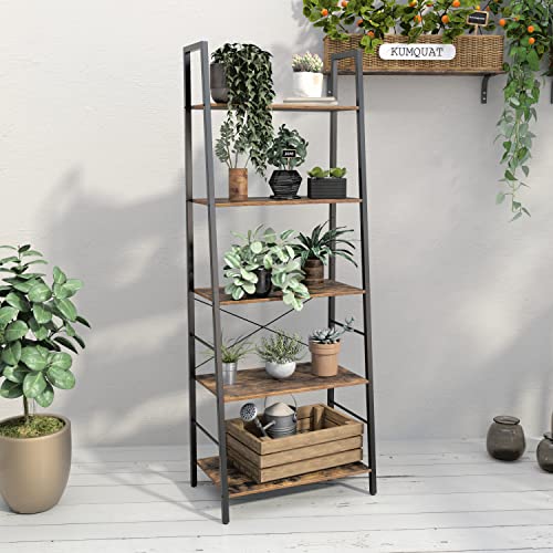 Yusong Ladder Shelf,Industrial 5-Tier Bookshelf,Free Standing Bookcase,Utility Organizer Shelves For Plant Flower,Wood Look Accent Furniture With Metal Frame For Home Office,Rustic Brown #TOP4