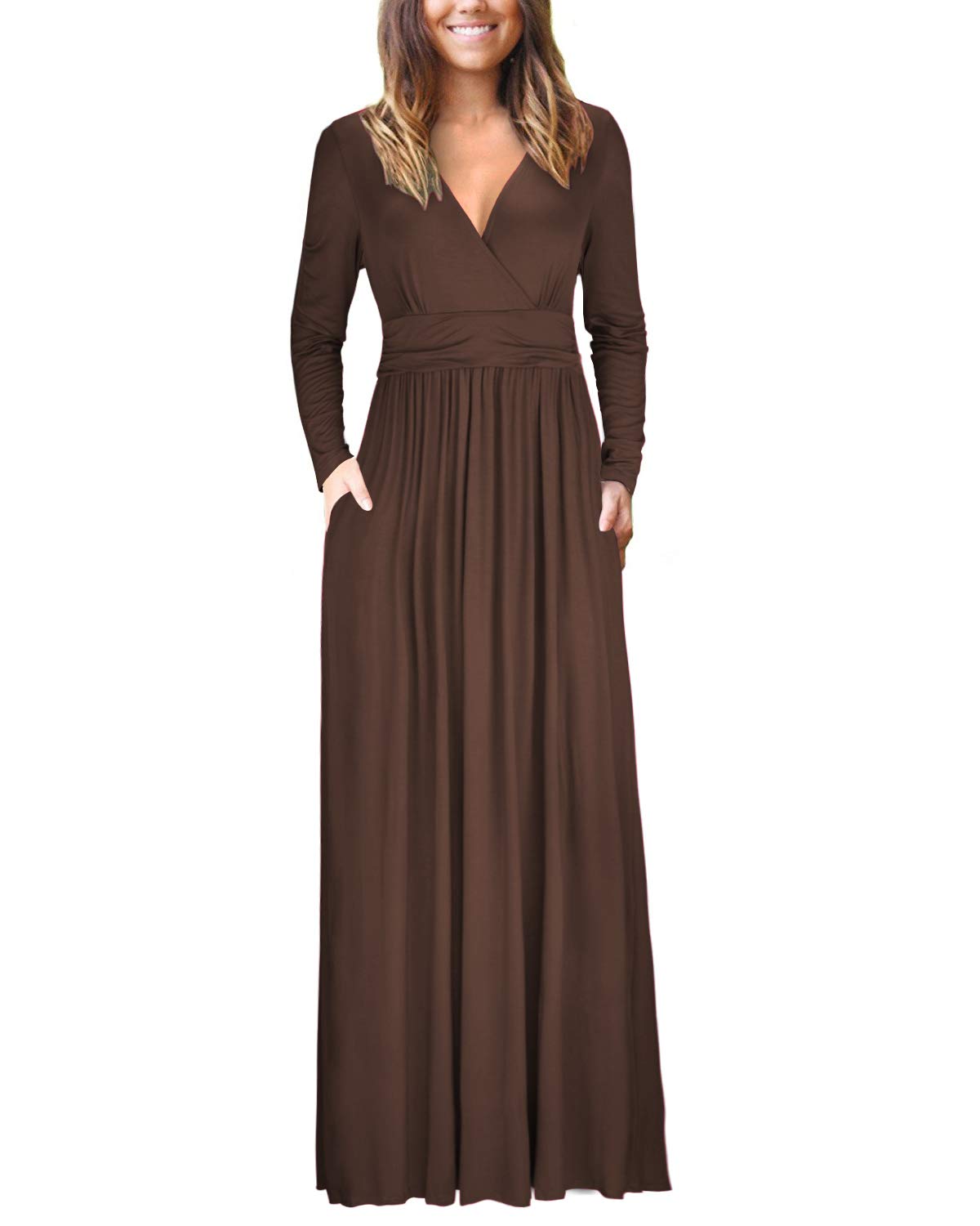 Ouges Womens Long Sleeve V Neck Wrap Waist Maxi Dress Desertcart