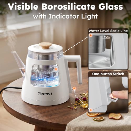 Image of TOPWIT 1L Gooseneck Electric Tea Kettle, Glass Electric Kettle, BPA-free | Removable Stainless Steel Tea Infuser, Visible Window, Auto-Shut Off, Ideal For Pour-Over Coffee, Home & Office, White