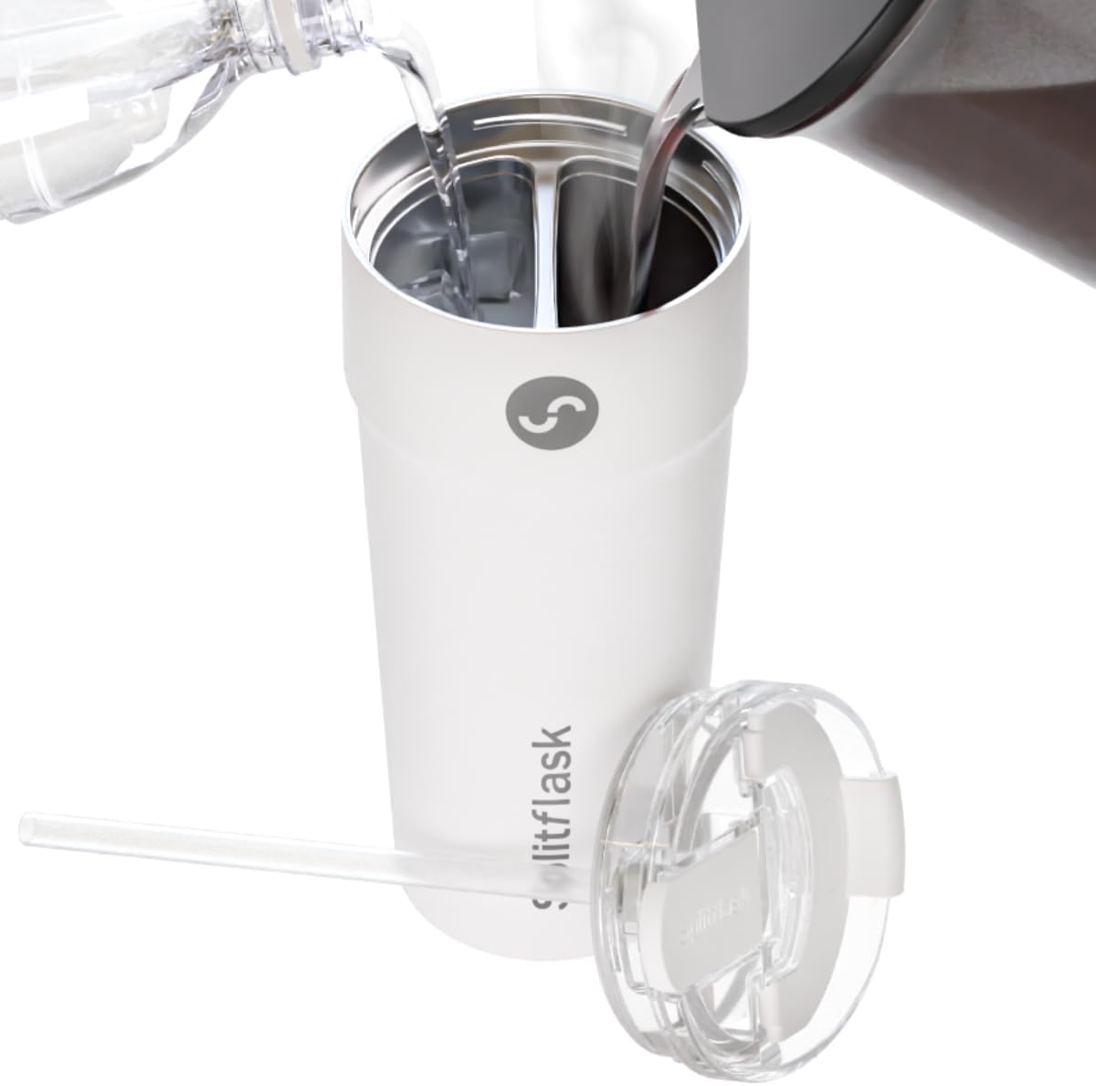 Splitflask Gobelet de voyage 2 en 1 – 850ml Gobelet isotherme à double compartiment, Tasse en acier inoxydable étanche, Boissons chaudes et froides, Bouteille pour café et eau - Blanc | Cafe et eau froide en meme temps, dans un seul gobelet. 850 ml, acier