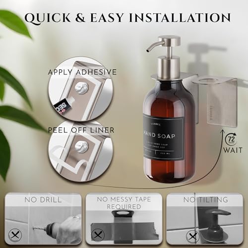 Shower Shampoo Dispenser Wall Mounted – Refillable 16.9 oz Amber Bottle with Stainless Steel Pump & No-Drill Adhesive Holder – Soap Dispenser for Bathroom (1 X Amber/Silver) - image 4