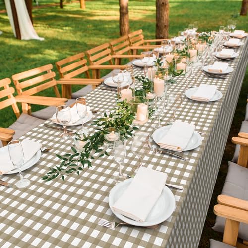 Image of 12 Pack Brown and White Plastic Checkered Tablecloth, Premium Decorative Disposable Tan Gingham Plaid Table Cloths for Parties, Rectangle Party Table Cover for Picnic Farm Birthday Fall, 54x108 Inch