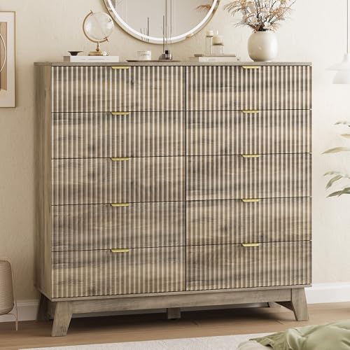 Image of Xixini Fluted Dresser for Bedroom with 10 Drawers, 48 inch Wide Modern Chest of Drawers with Metal Handle, Wooden Dresser TV Stand, Wood Closet Clothes Storage Organizer for Living Room, Hallway, Grey