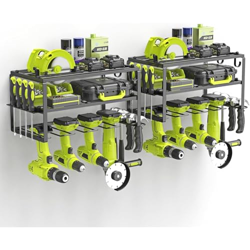 Weldun Wand-Organizer für Elektrowerkzeuge, Werkzeughalter für 4 Bohrmaschinen, 3 Steckplätze, mit seitlichem Schraubendreherhalter für Garage, Werkstatt, 2 Stück