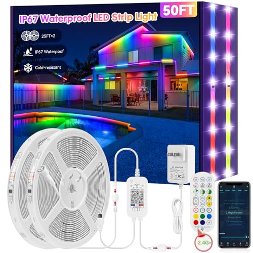 50FT IP67 RGB+IC Outdoor Led Strip Lights Waterproof Led Light Strips with RF Remote &Bluetooth Music Sync App Control,Color Changing LED Rope Lights,Continuous Outside Led Lights,24V,Eave,pool