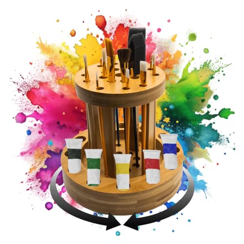 Rotating Paint Brush Holder - Wooden Artist Brush Organizer For Painting Supplies & Art Tools