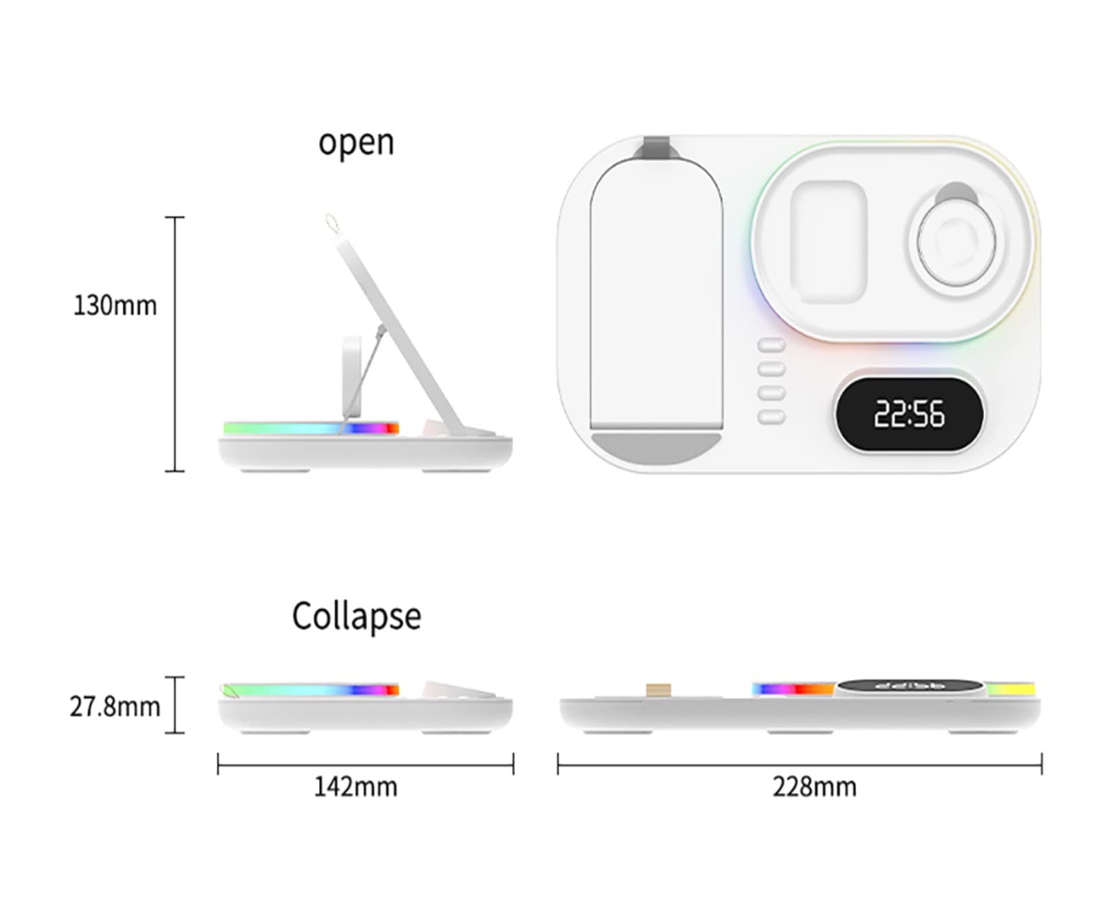 Chargeur sans Fil Chargeurs sans Fil 4 en 1 for téléphone Station d'accueil de Charge Rapide 30W for Montre/écouteurs avec Lampe et Horloge(Blanc)