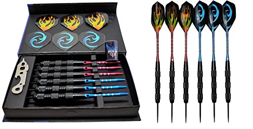 Invictus Labs Professional Darts Set 20g – 6 Steel Tip Darts with Red and Blue Aluminum Shafts and 2 Style Flights + Dart Sharpener + Multi-tool + Case.