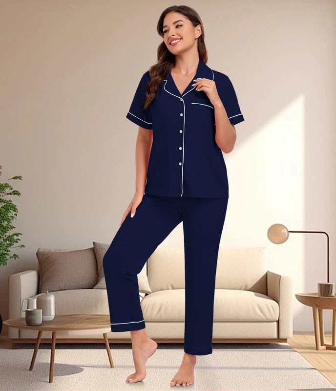 Image of CF 100% Cotton Pajamas for Women Set 2 Piece Short Sleeve Tops and Long Pants Comfy Well-Fitted Loungewear Set Pj Sets