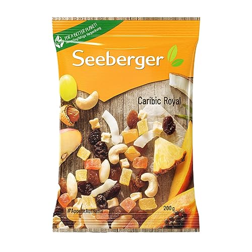Seeberger Caribic Royal 12er Pack: Süßer Mix aus Papaya, Ananas, Mango, Weinbeeren & Apfelwürfeln mit knackigen Kokoschips, Mandeln & Cashewkernen, vegan (12 x 200 g)