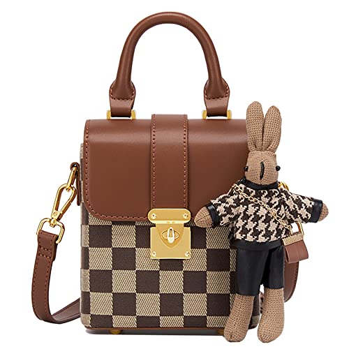 RTGGSEL Bolsa de ombro transversal com estampa romboide para mulheres, bolsa cilíndrica com boneca de coelho, Xadrez marrom, Small