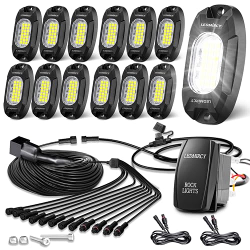 White Rock Lights LEDMIRCY R6 LED Pure White Rock Lights 12PCS with Rocker Switch Wire Harness Kit for Trucks UTV Off Road Boat ATV Luces para Carro Super Bright High Power Light Waterproof Shockproof