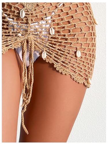 Women's Crochet Hollow Out Beach Skirts Shell Drawstring Swimsuit Bathing Suit Coverups3