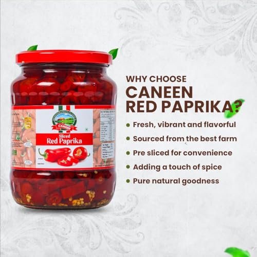 Image of CANEEN Sliced Red Paprika in Jar - 100% Vegan, Ready-to-Eat, Fiber-Rich - Ideal Topping for Pizza, Pasta, Burgers, Snacks & Salads 680g (Pack of 1)
