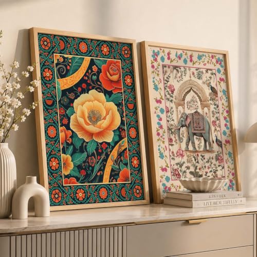 Image of kotart - Indian Wall Art Home Decor Frames Framed Wall Painting for Home Room Bedroom Office Wall Decor Traditional Indian Wall Art Floral Paintings for Living Room Wall Art Painting for Wall Decoration Wall Poster With frames Wall Paintings For Home Decoration set of 2 (Art 3, (10x13 inch), Framed)