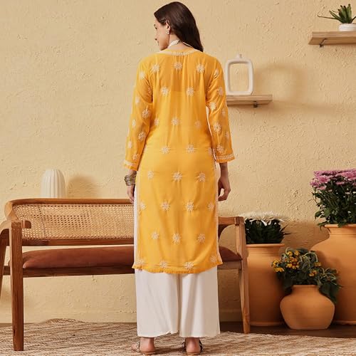 Image of Ada Lucknow Chikankari Hand Embroidered Faux Georgette Kurta Kurti Tunic Dress for Women A95504