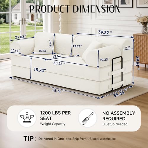 Image of 79'' Convertible Sofa Bed, 6 in 1 Folding Floor Futon Couch Sleeper with Fixed Frame, Corduroy Modular Sofa Bed with Removable Armrests & Pillows, No Assembly for Living Room Bedroom (Beige White)