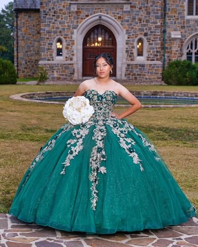 Elegant Gold Lace Quinceanera Dresses with Train Puffy 3D Flower Sweet 16 Dresses Strapless Tulle Ball Gowns with Bow4