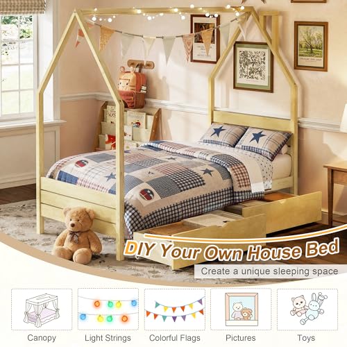 Image of Twin Size House-Shape Platform Bed with Headboard and 2 Storage Drawers, Montessori Wood Bed Frame with Roof and Chimney Design, No Box Spring Needed, Easy Assembly (Natural-06, Twin)