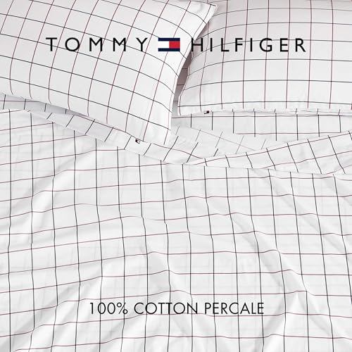 Image of Tommy Hilfiger - Sheet Set, Cotton Percale Bedding with Matching Pillowcases, Crisp & Cool, Premium Quality Home Essentials (Glasgow Windowpane Blue, Queen)