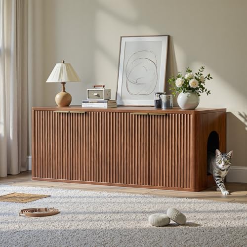 Evermagin 48.8 Double Litter Box Enclosure Furniture Walnut Litter Box Cabinet for 2 Cats Mid Century Modern Fluted Kitty End Table Large Hidden litter box hutch for Living Room Entryway Bedroom