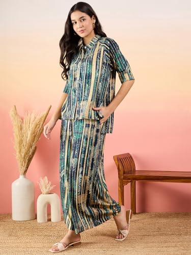 Image of Modeve Women Shirt Palazzo Foil Print Co-Ord Set