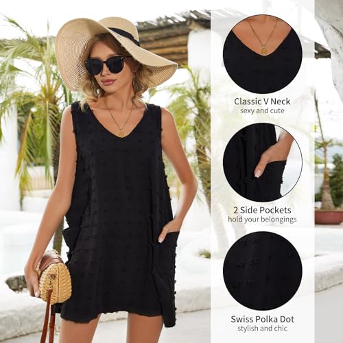 Beach Swimsuit Cover Up for Women, Swiss Polka Dot Bathing Suit, Classic V Neck Dress with Pockets4