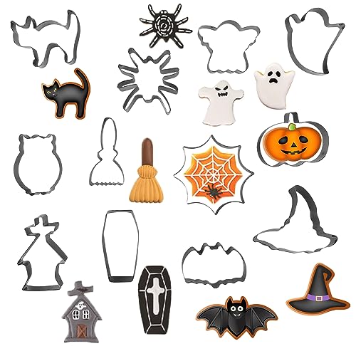Jsdoin 12 Piezas Juego de Cortadores de Galletas de Halloween, Calabaza, Sombrero de Bruja, Murciélago, Fantasma, Calavera, Cortadores de Galletas de Acero Inoxidable para Halloween