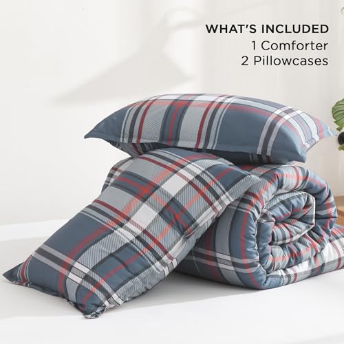 Image of Andency Navy Red Plaid Comforter Set Full(79x90Inch), 3 Pieces Grid Gingham Stripes Bedding Comforter Sets for Boys Girls Kids Teens, Preppy Geometric Line Soft Lightweight Reversible Bed Set as Gift