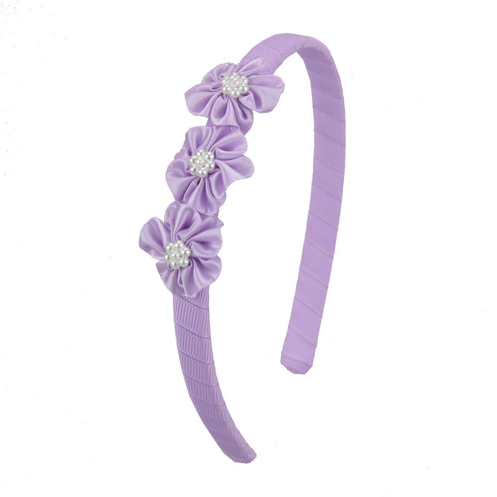7Rainbows Boutique Triple Satin Flowers with 7 Faux Pearls Light Purple Headbands for Girls Toddlers Teens and Even Adults.