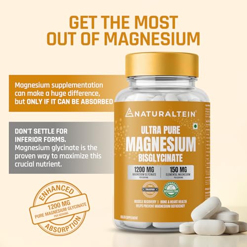 Image of Naturaltein Magnesium Glycinate 1200mg (150mg Elemental) | Chelated High Absorption Magnesium Supports Sleep Quality & Muscle Relaxation | Glyphosate Tested | 120 Tablets
