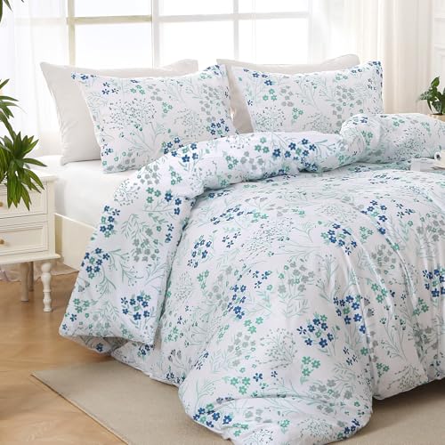 Image of MUXHOMO Blue Flower Full Comforter Set, Elegant Floral Print Bed in a Bag 7 Pieces, Ultra Soft & Breathable Reversible Botanical Pattern Bedding Set with Comforter, Sheets, Pillowcases, and Shams