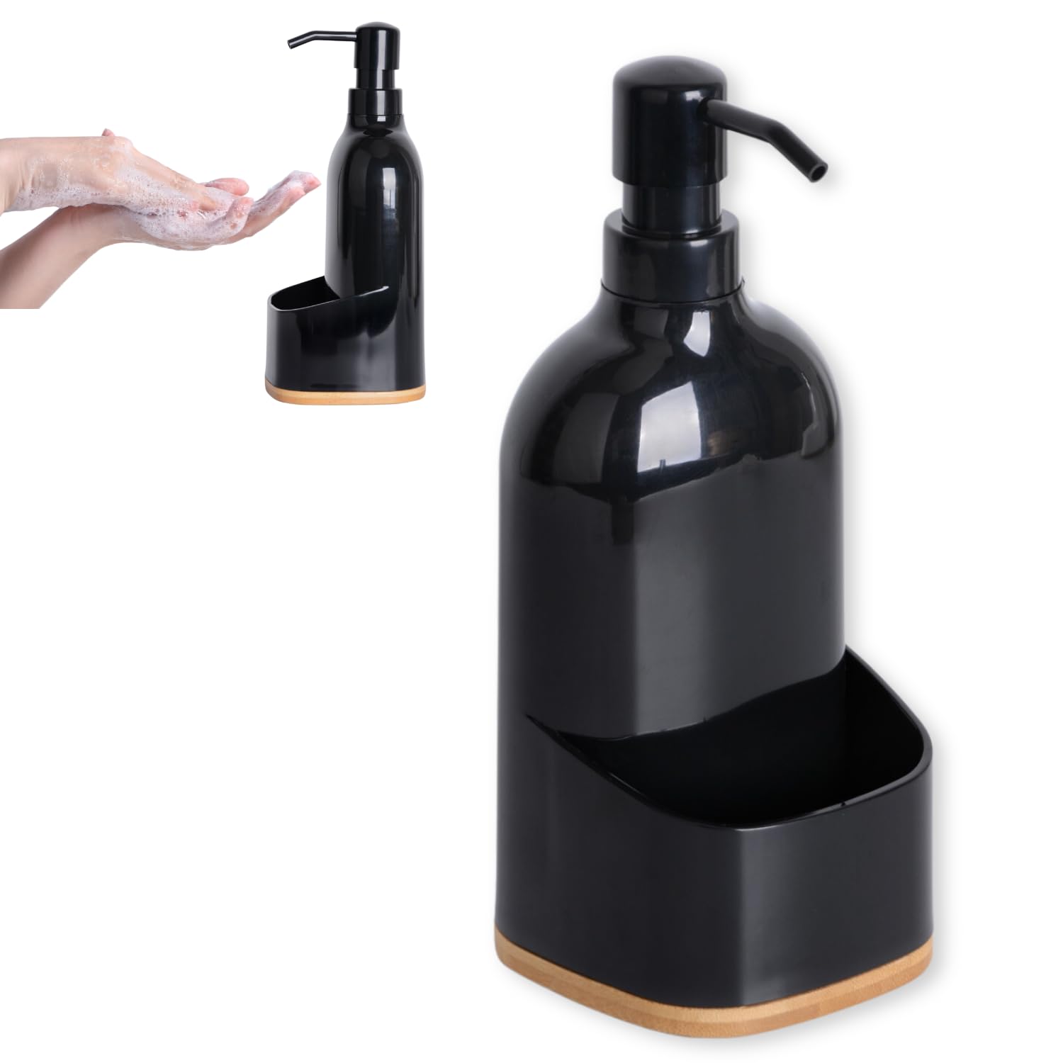 Dispensador Jabón Cocina Negro - Jabonera Cocina de plástico con Base de bambú - Organizador de Estropajo para Fregadero o Baño, Dosificador de jabon