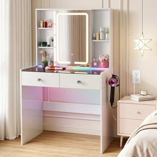 Image of Makeup Vanity Desk with LED Mirror & RGB Lights, White Modern Bedroom Vanity Set Glass Top Vanity Table for Women, Adjustable Brightness & 3 Color Modes, 2 Drawers Storage