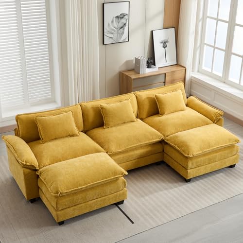 Image of Oprisen 120 inch Modular Sectional Sofa, Comfy Cloud Couch Sectional Sofa with Ottoman, Chenille Sofa Sleeper Deep Seat Sofa with Throw Pillows for Living Room (Yellow, 120 inch- U Shape)