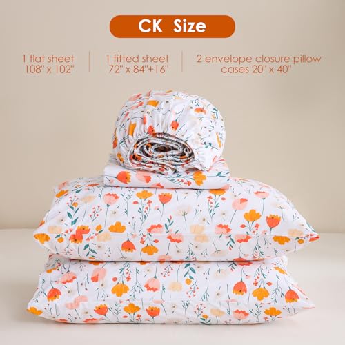 Image of JSD Boho Floral Printed Sheet Set Cal King 16 inch Deep Pocket | 4 Piece Soft Microfiber Sheets, Watercolor Pink Blue Flower Patterns, OEKO-TEX Certified, Easy Care