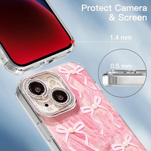 Image of VONZEE Compatible with iPhone 15 6.1'' Case Luxury Pink Girly Cute 3D Bow Pearl Glitter Bling Case with Full Camera Protection Shockproof Case PC+TPU Glossy Shiny Cover for Girls Women, Pink