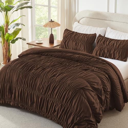 Image of Andency Ruched Brown King Size Comforter Set, Shabby Chic Pleated Bedding Sets 3 Pieces, Lightweight Soft Boho Ruffle Bed Set for Girls, Kids, Women, All Season