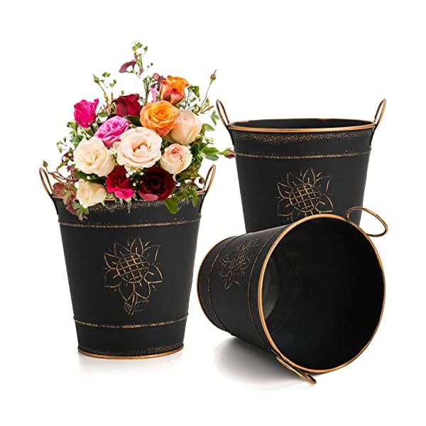AVLA 3 Pack Galvanized Bucket, Rustic Farmhouse Metal Flower Vase, Vintage Plant Pot, Decorative Tin Pails with Handles for Wedding Decorations, Centerpieces, Home Decor, Garden Planter, 5.7 Inch