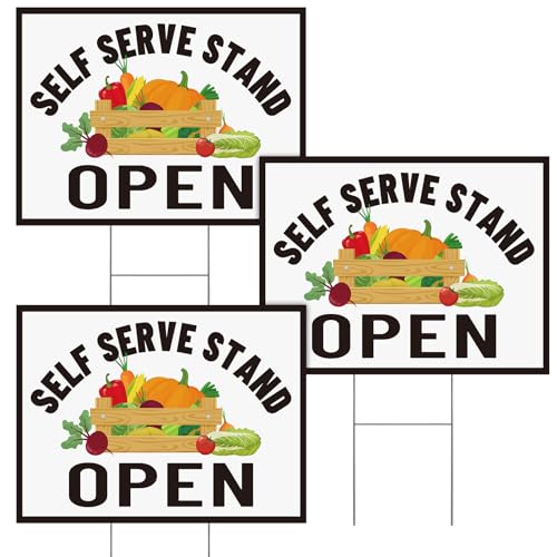 Novabright 3 Pcs Self Serve Stand Sign with Stakes 16 x 12 Inch Self Serve Stand Open Vegetables Sign Supplies Weatherproof Outdoor Vegetable Display for Farmers Market Garden and Roadside Sale
