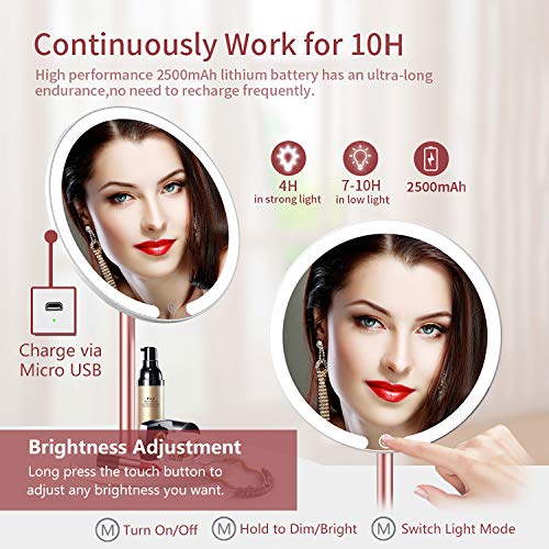 VERNBRIN Makeup Mirror with Led Lights,Magnetic Detachable Rose Gold Cosmetic Mirrors,1X/10X Magnification Vanity Mirror,Table and Wall Mount 2 in 1,360° Rotation,Touch Sensor,3 Color Lightings,USB