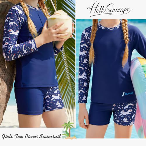 Image of Girls Swimsuit Two Piece Rash Guard Set for 4-14 Years UPF 50+ UV Protective Long Sleeve Swimwear