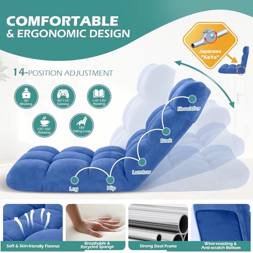 Image of Folding Floor Gaming Chair 14-Poistion Cushioned Adjustable Floor Lazy Sofa Chair w /Breathable Cotton & Skin-Friendly Velvet for Adults & Kids Perfect for Reading Gaming Meditating, Babyblue