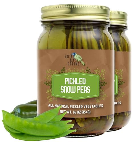 Green Jay Gourmet Pickled Snow Peas in a Jar - Fresh Hand Jarred Vegetables for Cooking &amp; Pantry – Home Grown Pre-Prepared Pickled Green Beans – Simple Natural Ingredients - 2 x 16 Ounces