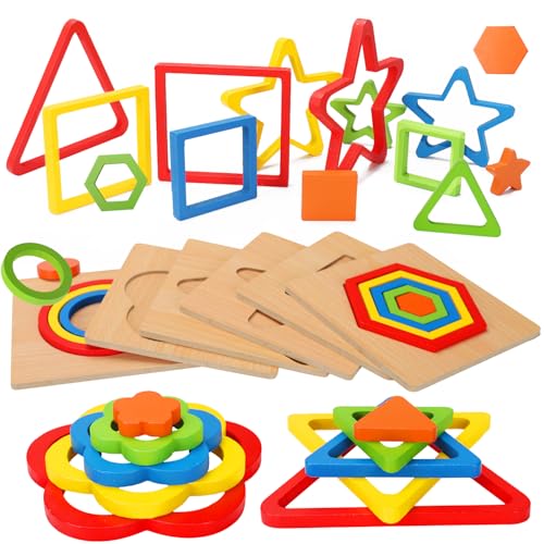Image of Toddler Puzzles Montessori Toy Wooden Shape Sorting Puzzle Sensory Toy Toddler Activities Preschool Learning Educational Autistic Developmental 1 2 3 Year Old Girl Boy 1-3 Dementia Game Easter Gift