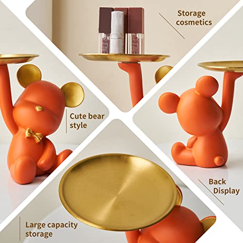 Fjs Cute Bear Storage Tray Statue Table Decorations For Living Room, Bear Statues For Home Decor Bookshelf Decor, Key Bowl For Entryway Table Lipsticks Jewelry Earrings Tray (Orange) #TOP5